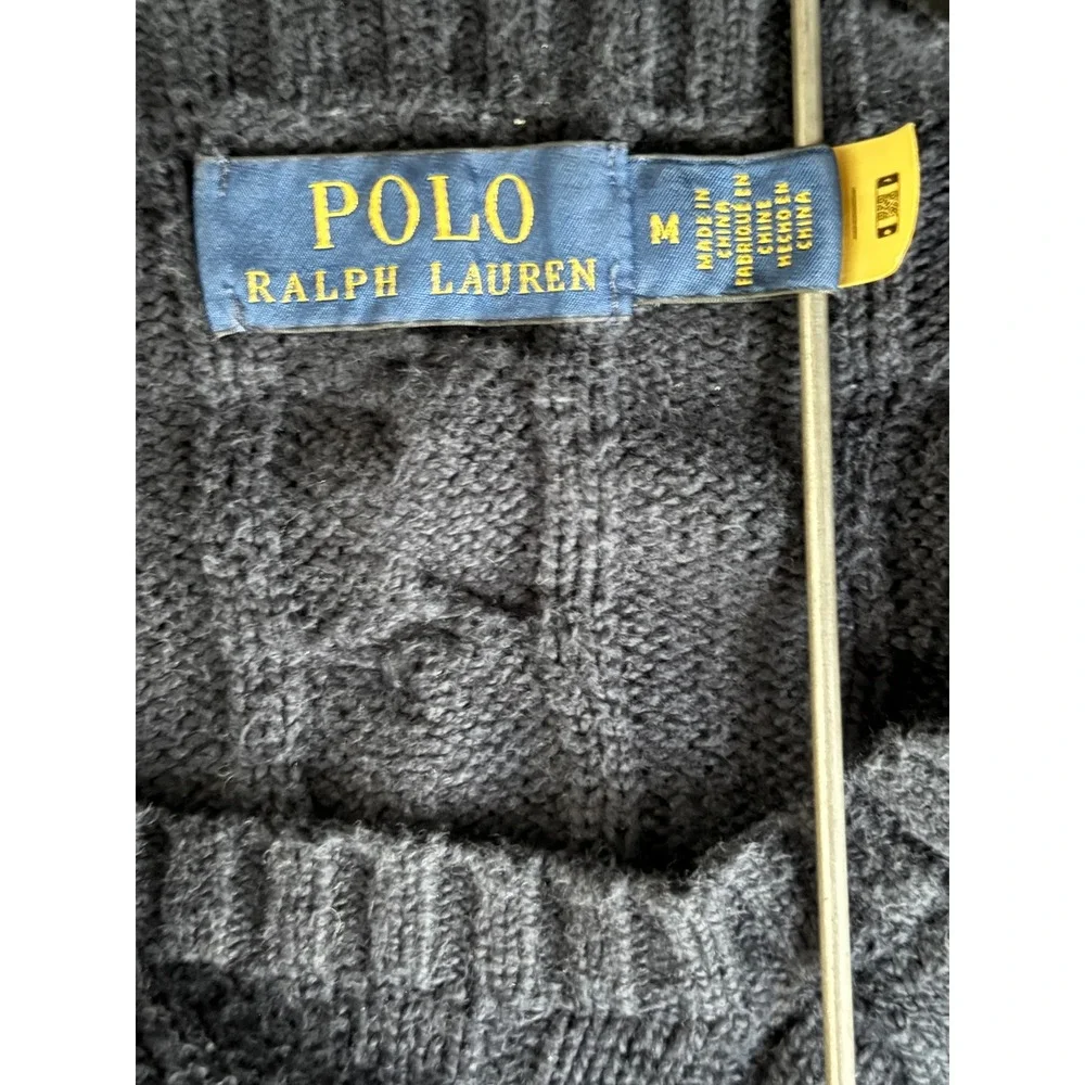Polo Ralph Lauren Mens Fisherman Navy Blue Cable Knit Cotton Crew Neck Sweater M